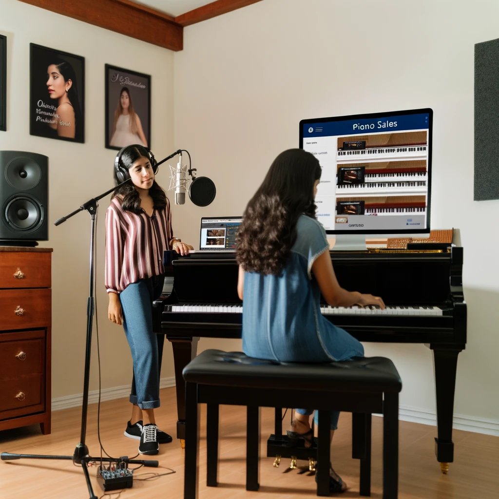 young Hispanic female pianist who is focused on selling her piano music online.