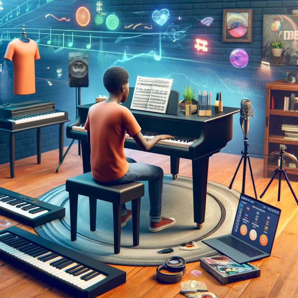 young Black male pianist engaged in various activities to generate income from piano playing.