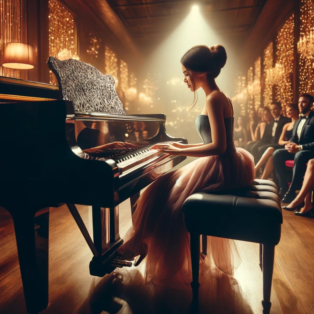 a young Latina pianist on a beautifully lit stage, engaging with an audience dressed in evening wear