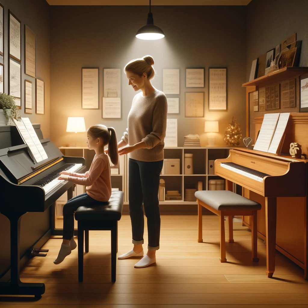 middle-aged Caucasian woman teaching a young girl to play piano, with both seated at side-by-side upright pianos.